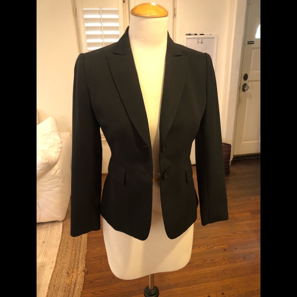 2p black pantsuit with subtle blue stripes